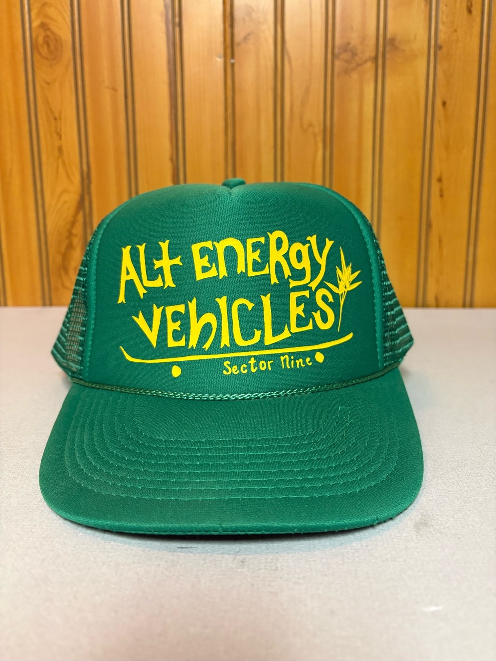 OTTO Green Trucker Hat with Yellow "Alt Energy Vehicles" Print